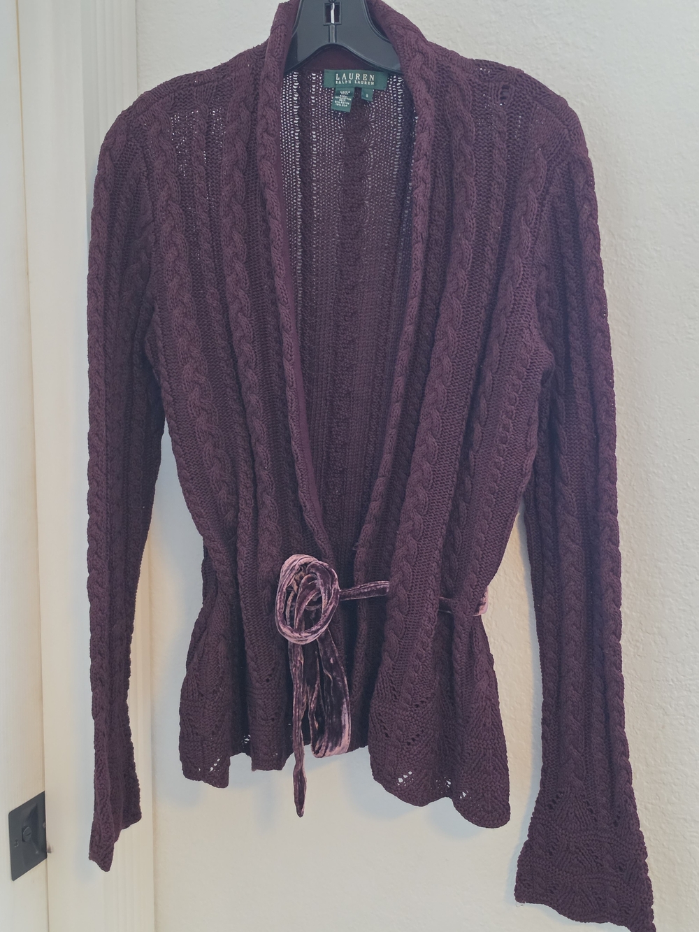 Ralph Lauren Plum Cable-Knit Belted Open Cardigan